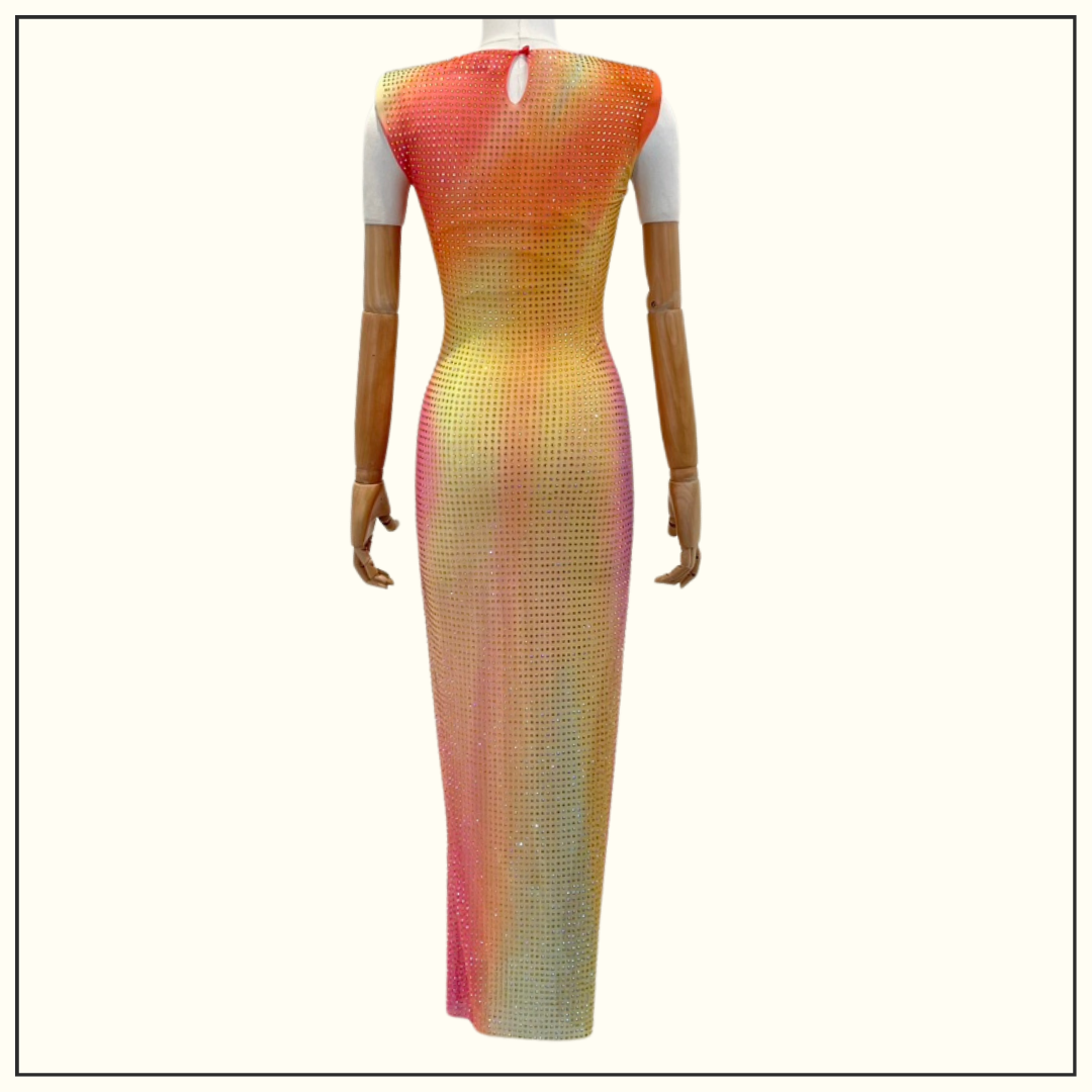 PRINTED MESH RHINESTONE MIDI DRESS