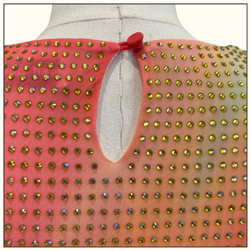 PRINTED MESH RHINESTONE MIDI DRESS
