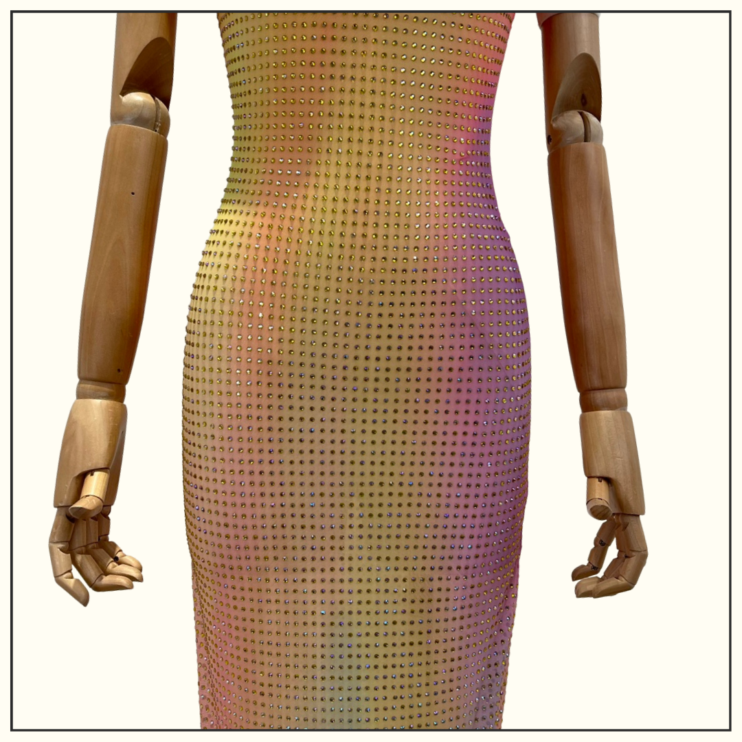 PRINTED MESH RHINESTONE MIDI DRESS