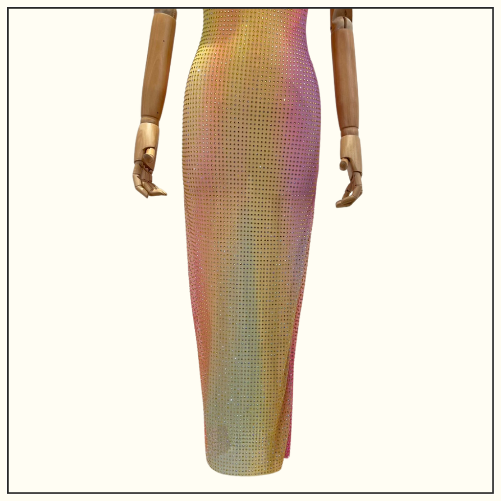 PRINTED MESH RHINESTONE MIDI DRESS