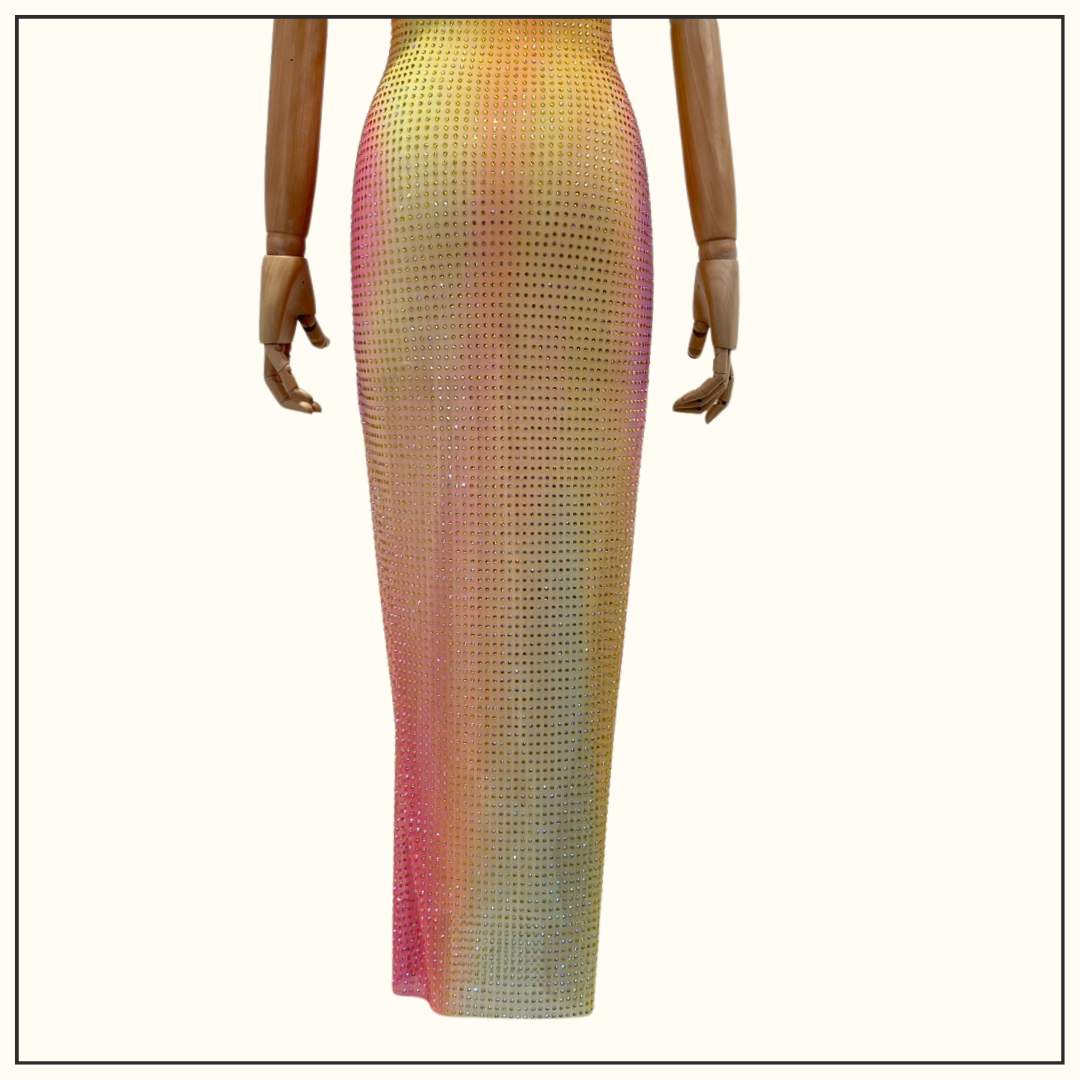 PRINTED MESH RHINESTONE MIDI DRESS