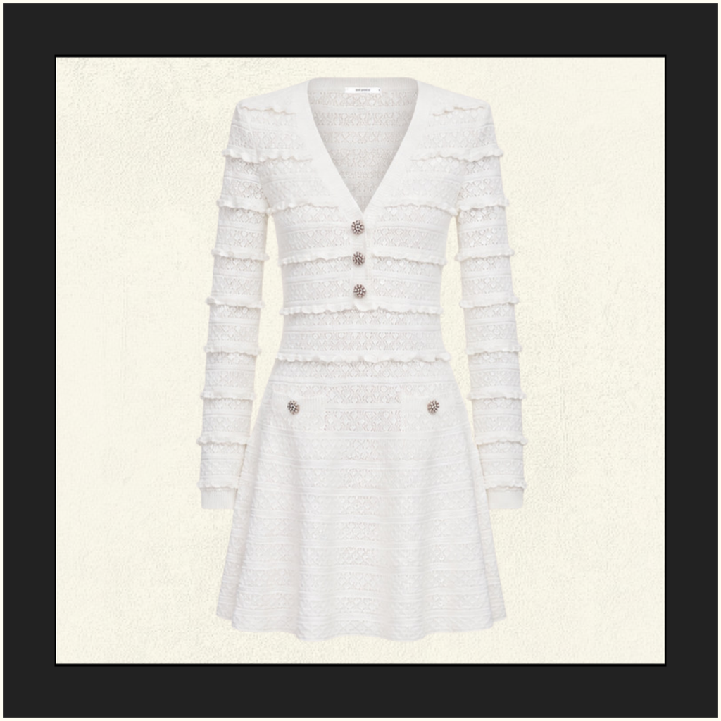 WHITE LACE COLLARED POINTELLE KNIT MINI DRESS