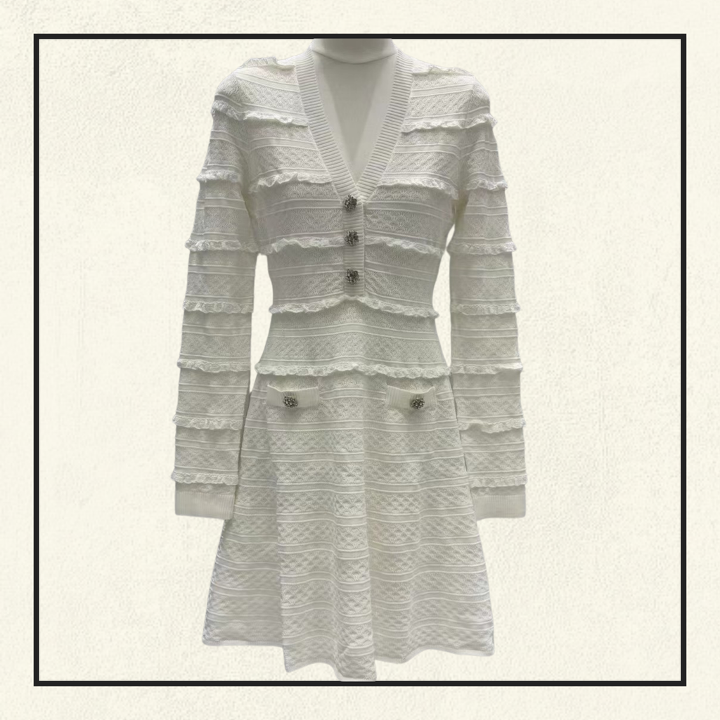 WHITE LACE COLLARED POINTELLE KNIT MINI DRESS