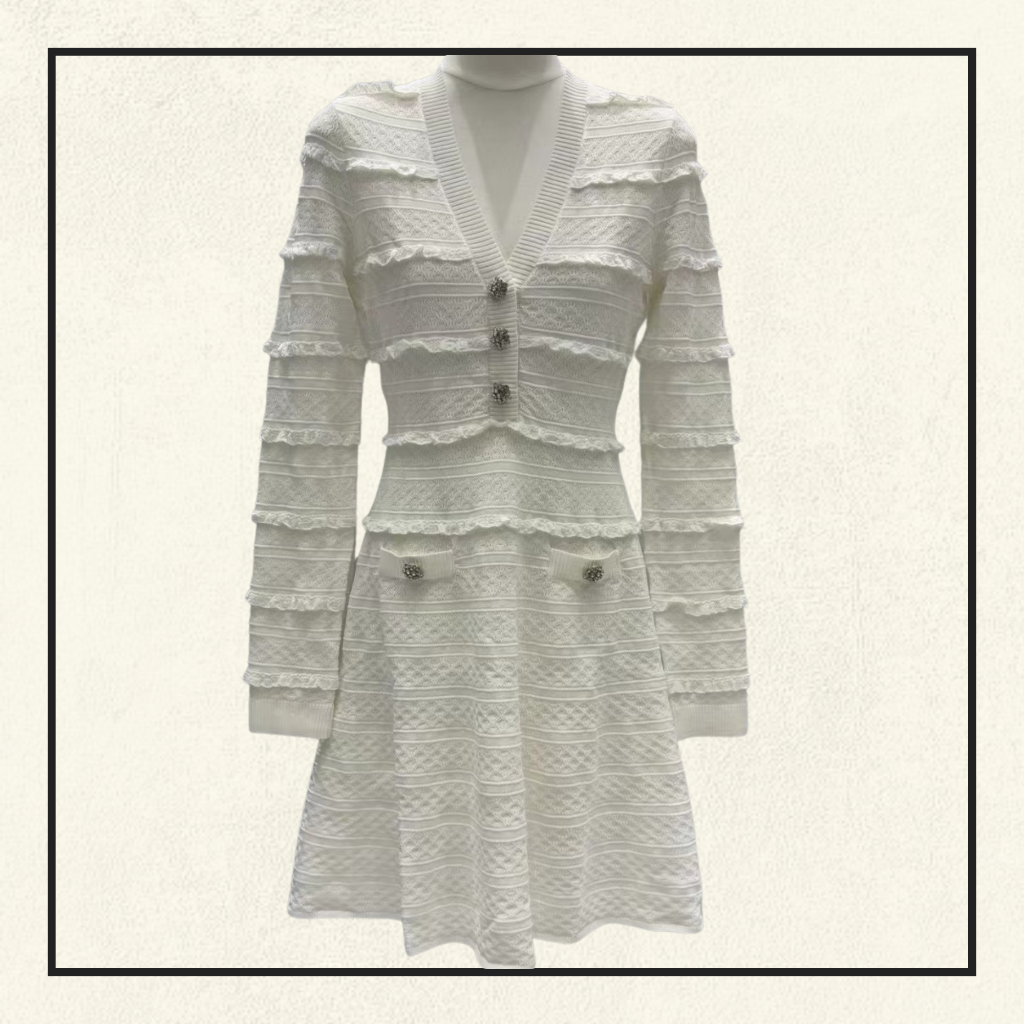 WHITE LACE COLLARED POINTELLE KNIT MINI DRESS