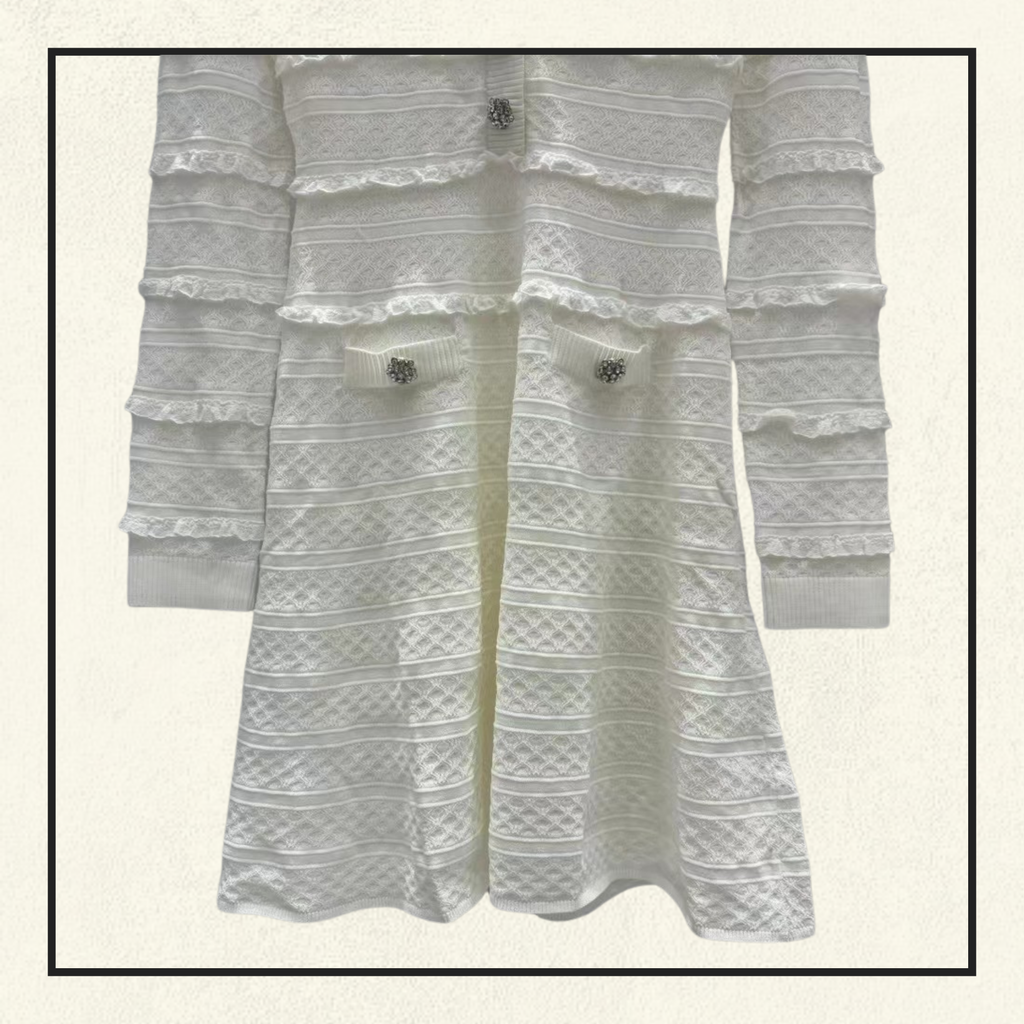 WHITE LACE COLLARED POINTELLE KNIT MINI DRESS