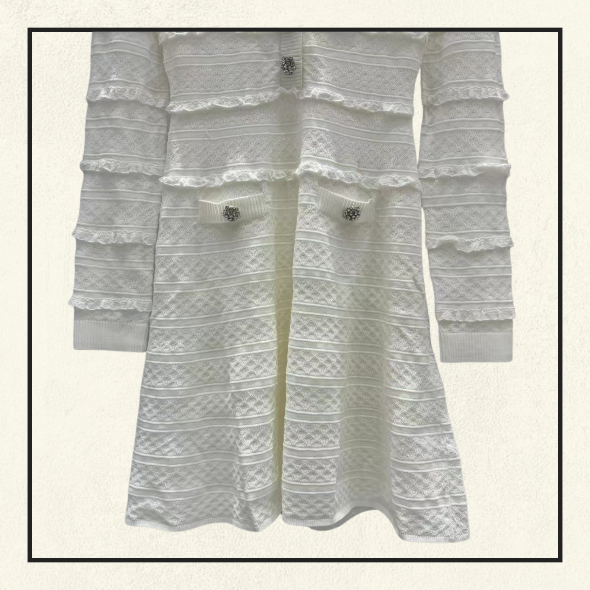 WHITE LACE COLLARED POINTELLE KNIT MINI DRESS