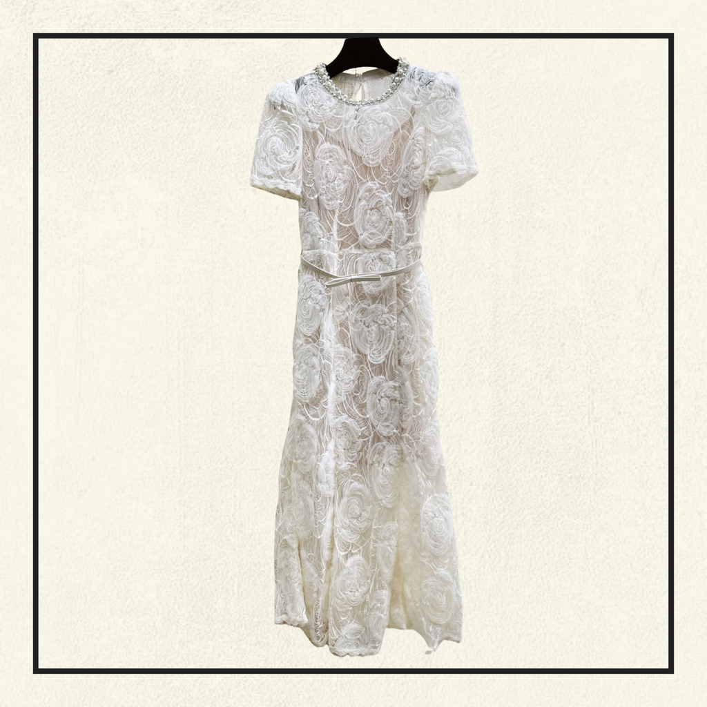 CREAM TULLE LACE MIDI DRESS