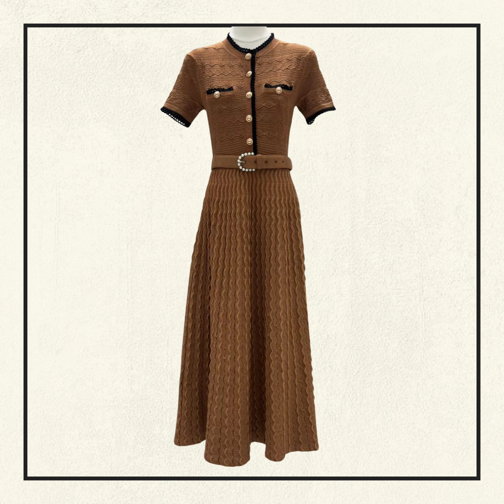 BROWN POINTELLE KNIT MIDI DRESS