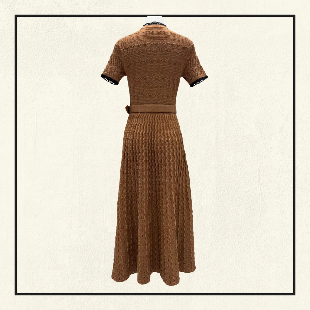 BROWN POINTELLE KNIT MIDI DRESS