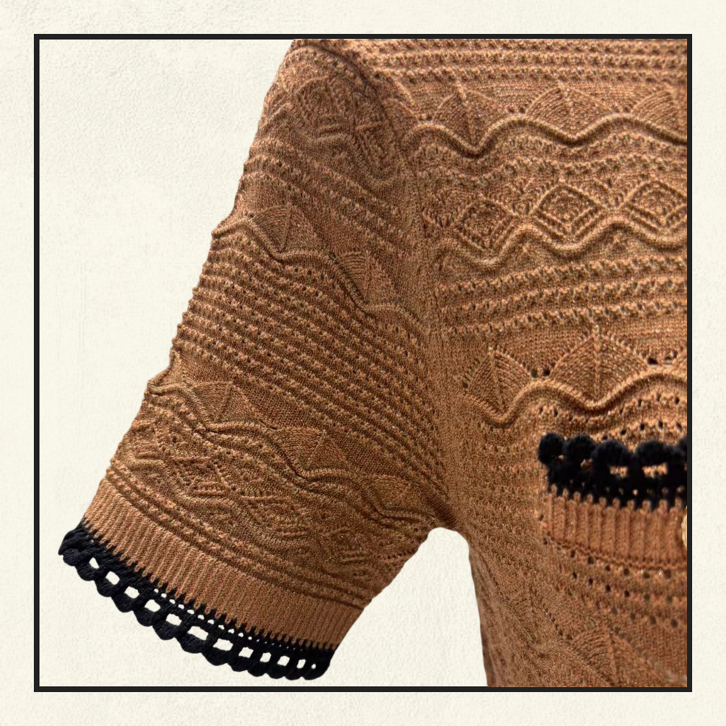 BROWN POINTELLE KNIT MIDI DRESS