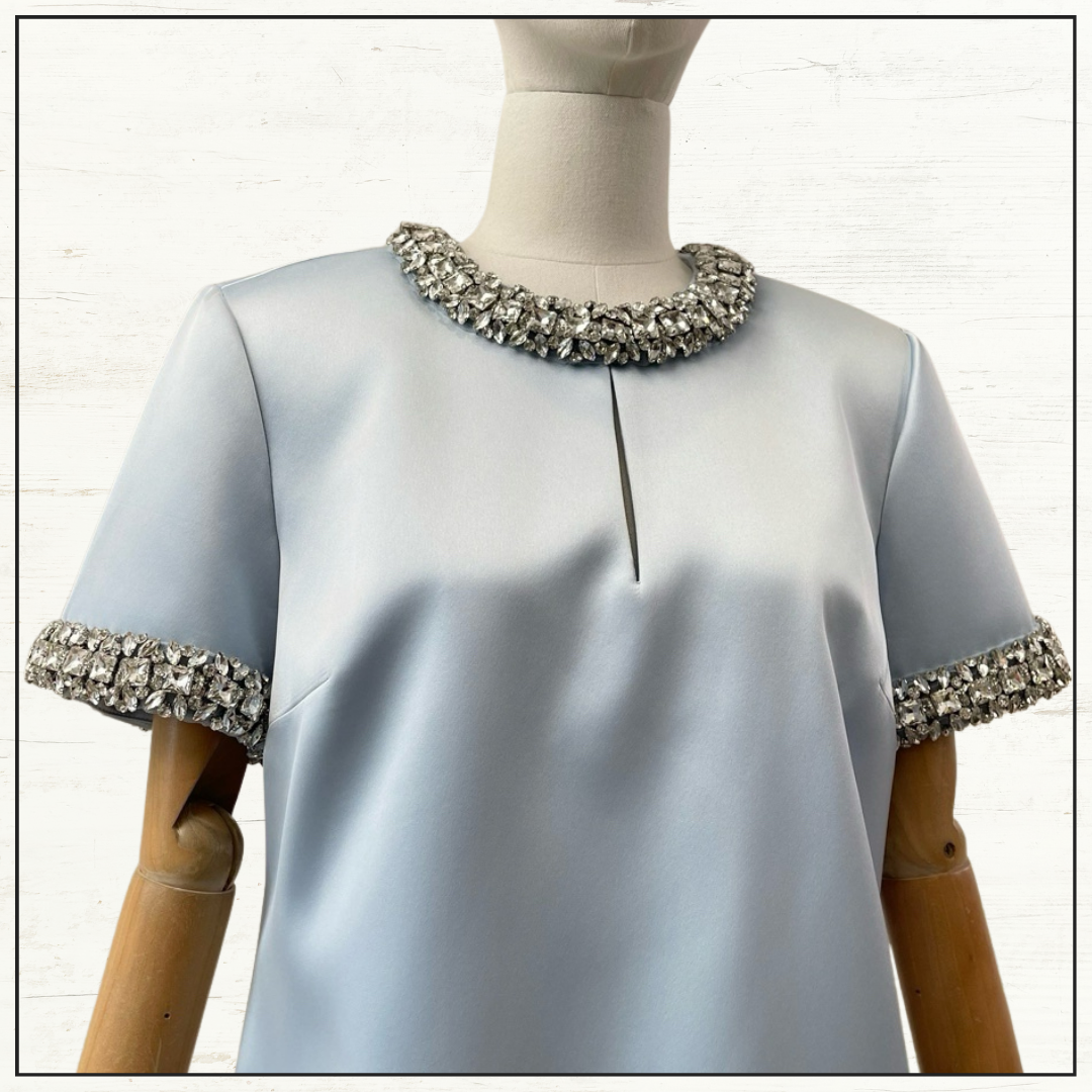 EMBELLISHED SATIN MINI DRESS