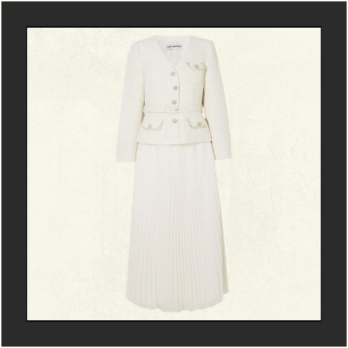 PLEATED GEORGETTE BOUCLE JACKET & MIDI DRESS