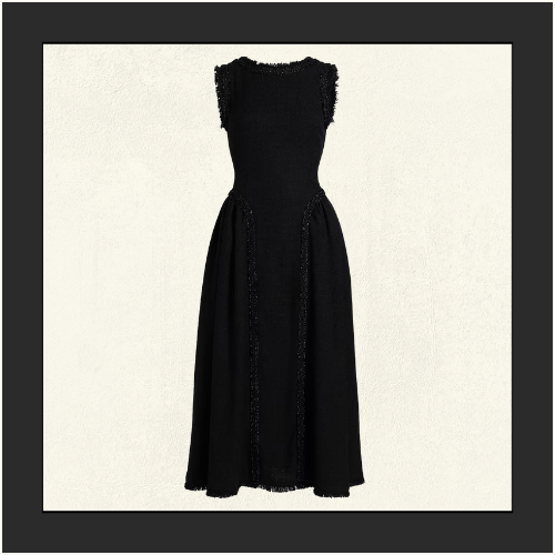 BOUCLE MIDI DRESS WITH BRAIDED FRINGE TRIM