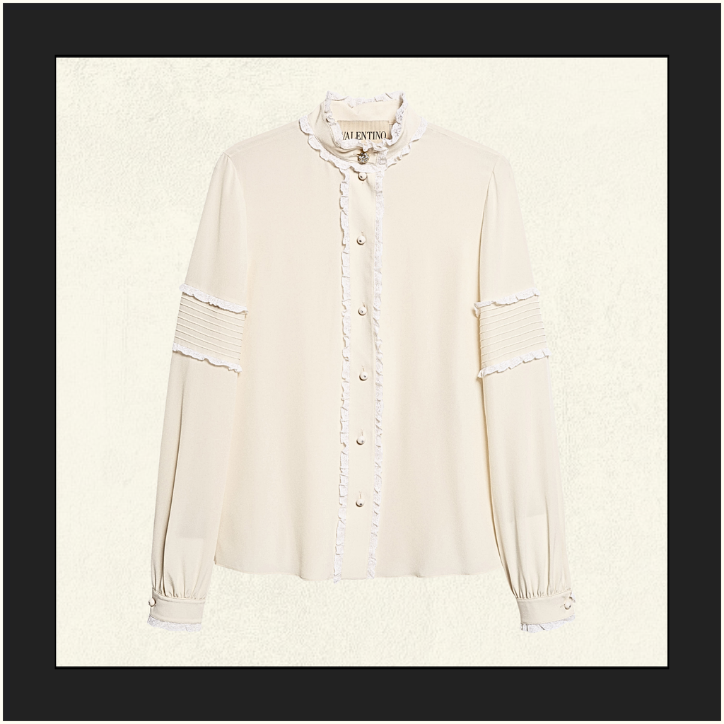 LACE TRIMMED SILK CREPE BLOUSE