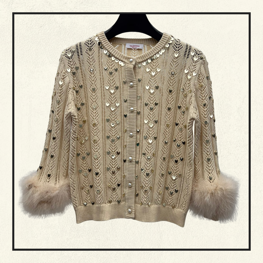 EMBROIDERED FEATHER CUFF CARDIGAN