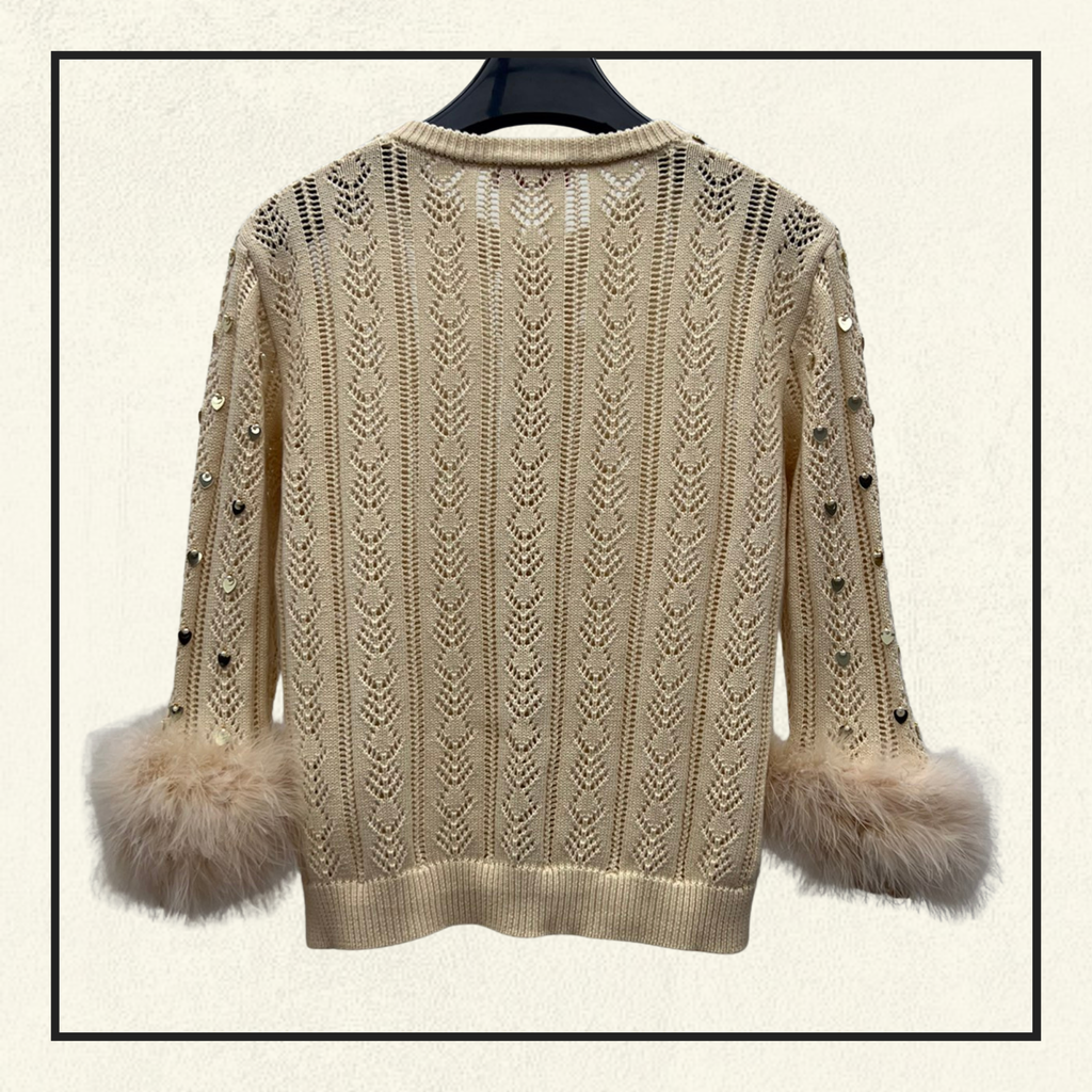 EMBROIDERED FEATHER CUFF CARDIGAN