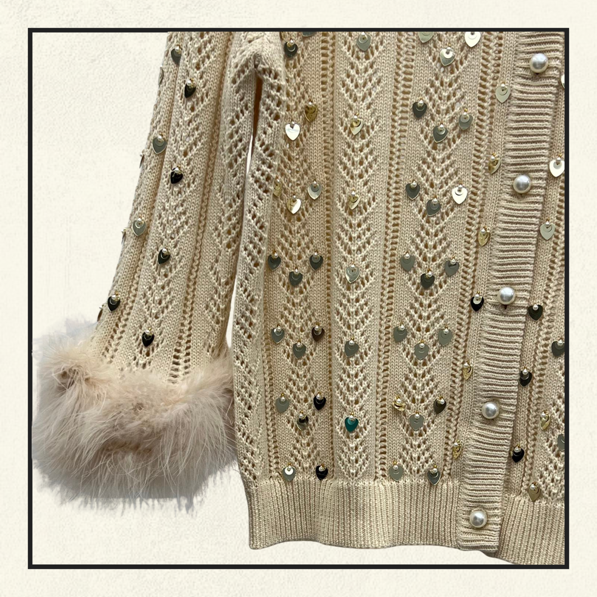 EMBROIDERED FEATHER CUFF CARDIGAN