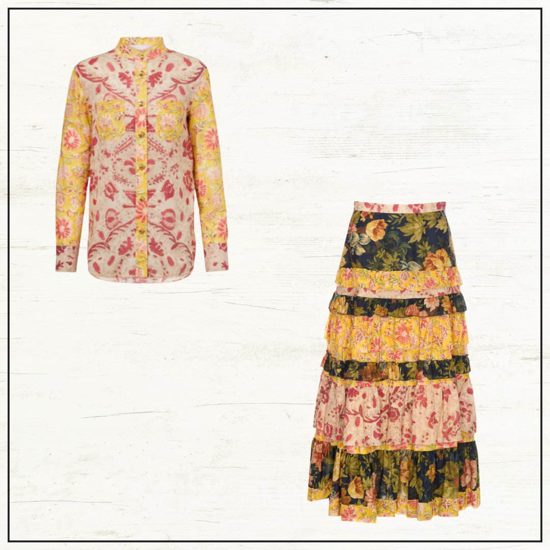 FLORAL PRINT SHIRT & PATCHWORK MAXI SKIRT