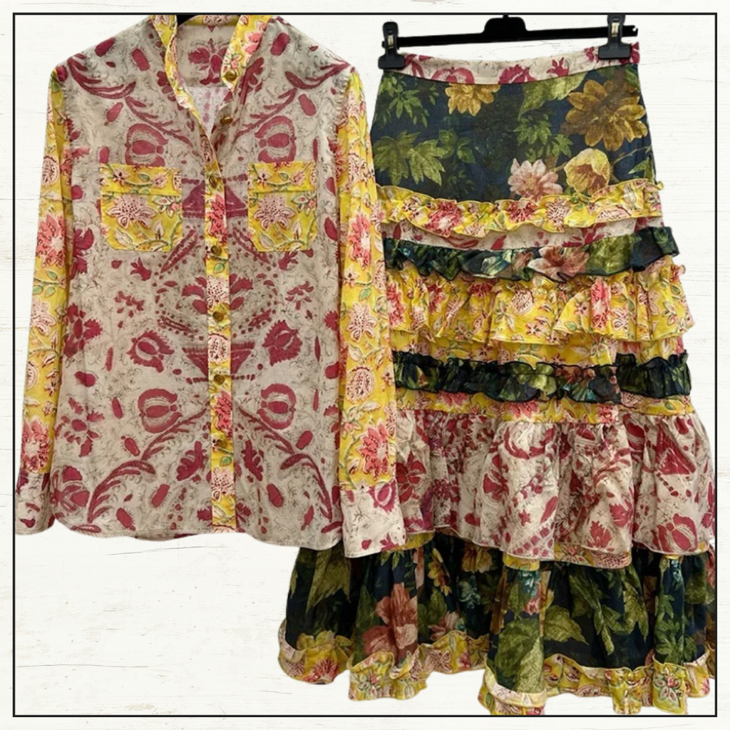 FLORAL PRINT SHIRT & PATCHWORK MAXI SKIRT