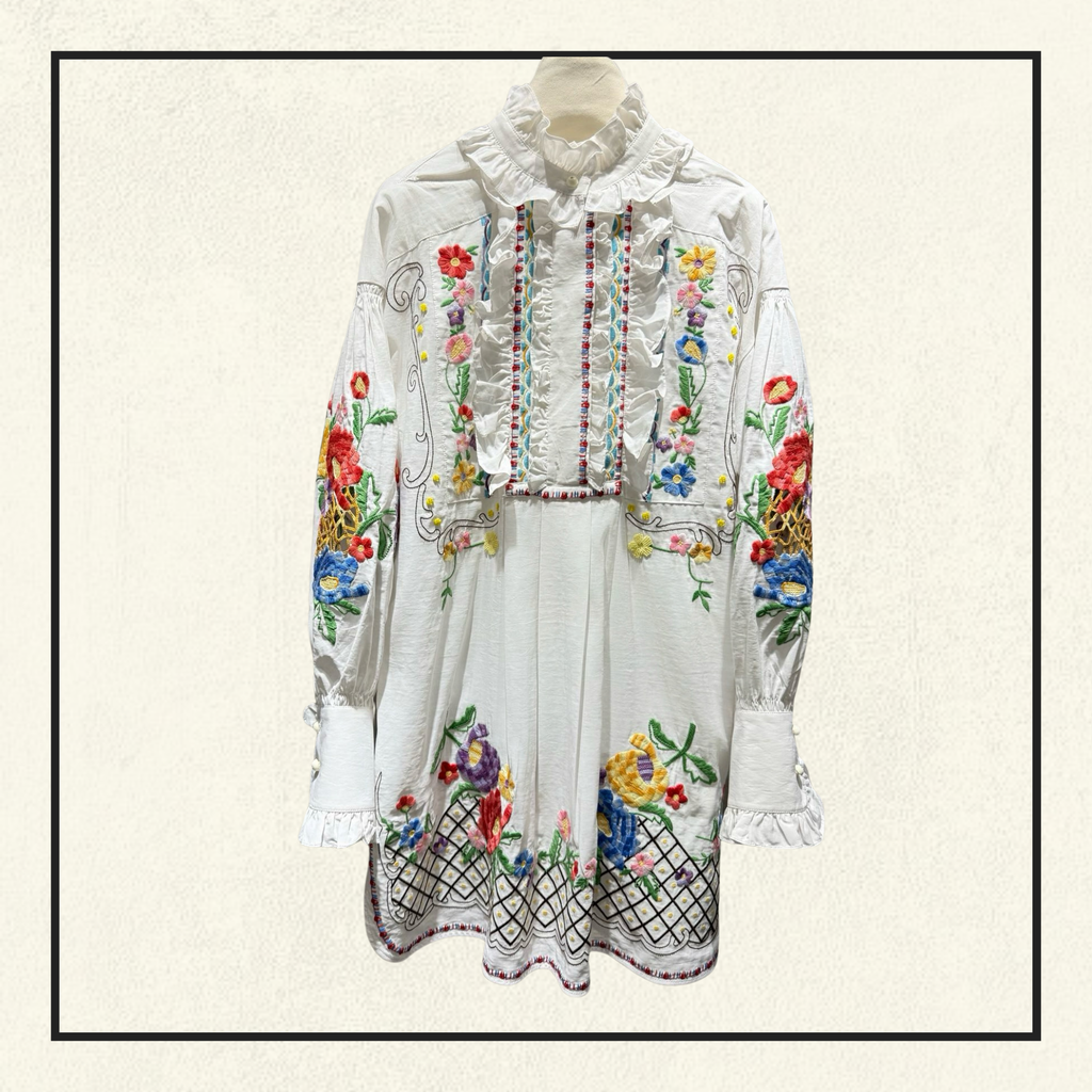 RUFFLED EMBROIDERED DRESS