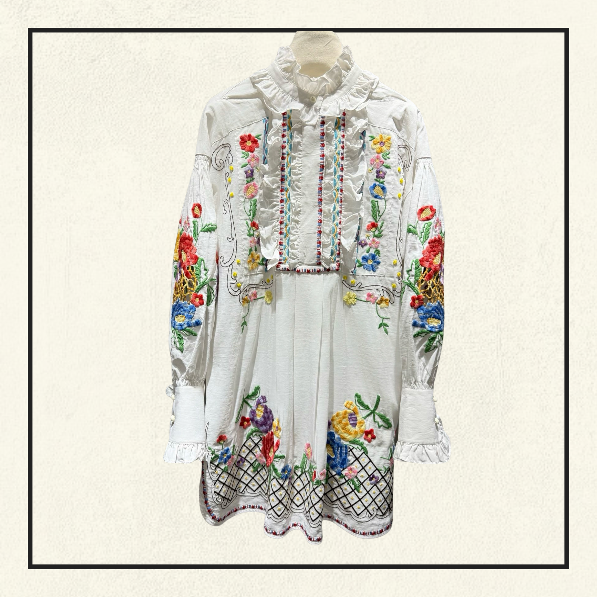 RUFFLED EMBROIDERED DRESS